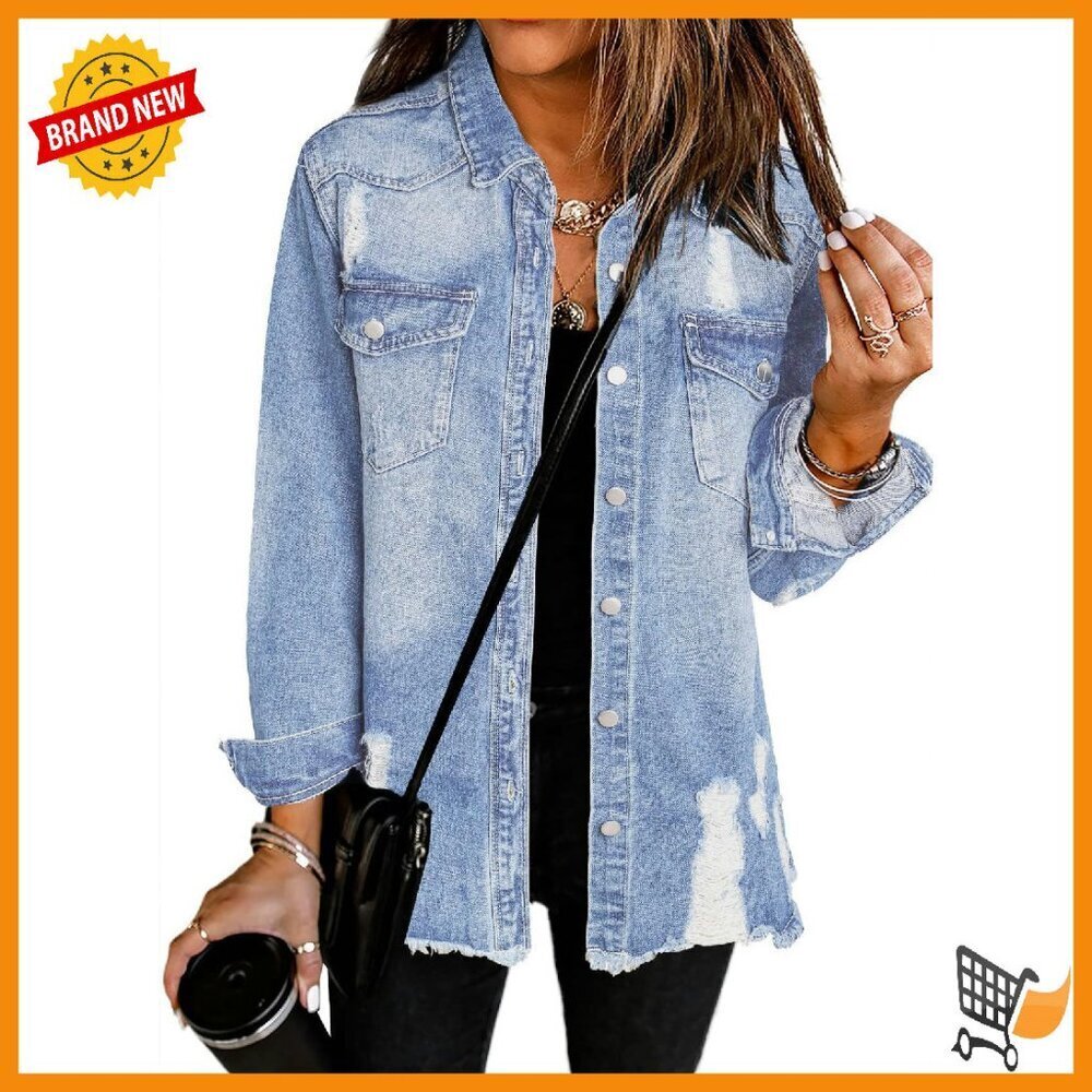 Oversized Denim Jacket Distressed Long Sleeve Button Closure Casual